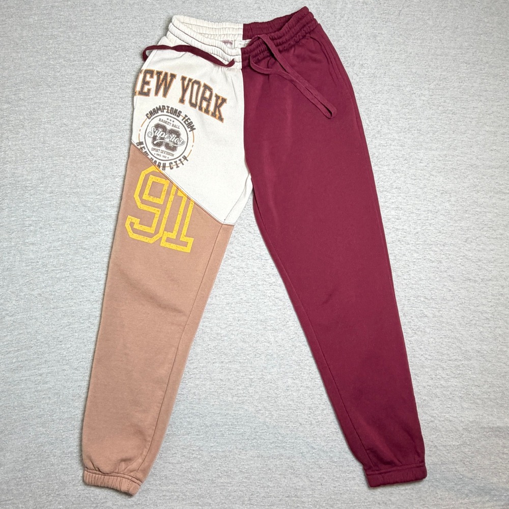 No Comment Womens Sweatpants M Maroon Cream New York Graphics Colorblock Joggers